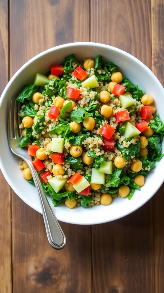 A nutritious bowl of quinoa salad with kale, chickpeas, bell pepper, and cucumber dressed in lemon vinaigrette on a wooden table.